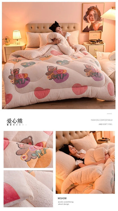 Plush Winter Lamb Velvet Quilt – Thickened Cotton, Double-Sided Warm Lamb Wool Blanket for Single & Double Beds