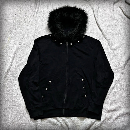 Y2K Harajuku Women's Fur Collar Hoodie – Slim Chic Solid Color Cardigan Sweatshirt, Goth Punk Streetwear