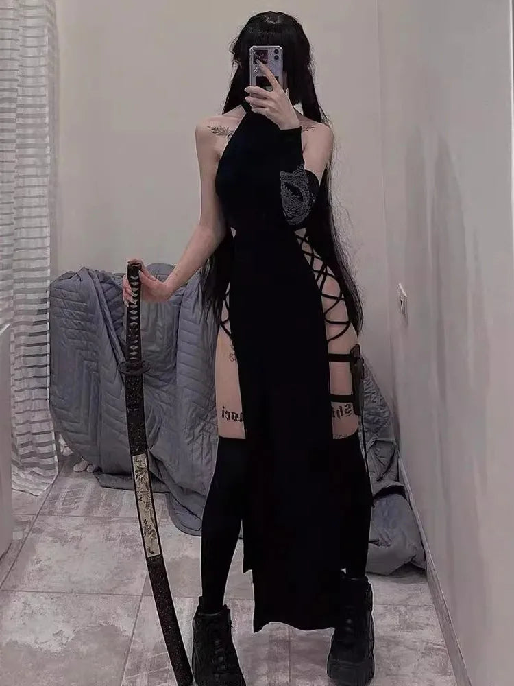 Gothic Dark Cosplay Dress – High Split Y2K Bandage Halter Slim Midi Black Grunge Partywear