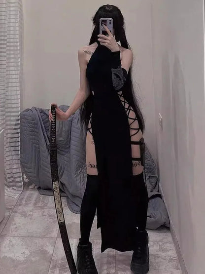 Gothic Dark Cosplay Dress – High Split Y2K Bandage Halter Slim Midi Black Grunge Partywear