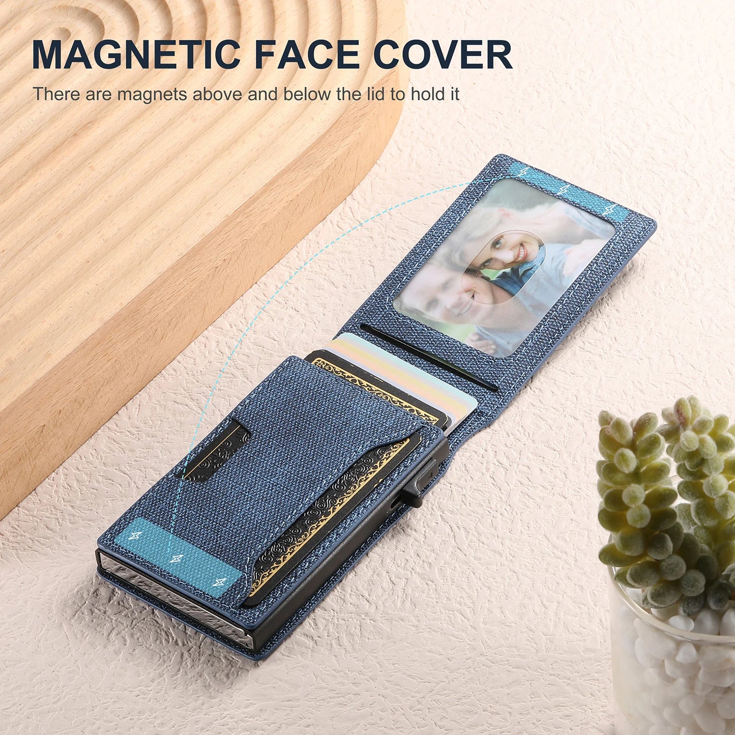 Push-Out PU Leather Card Holder Wallet – Large Capacity for 1–12 Cards & 1 Photo, Black/Brown/Blue