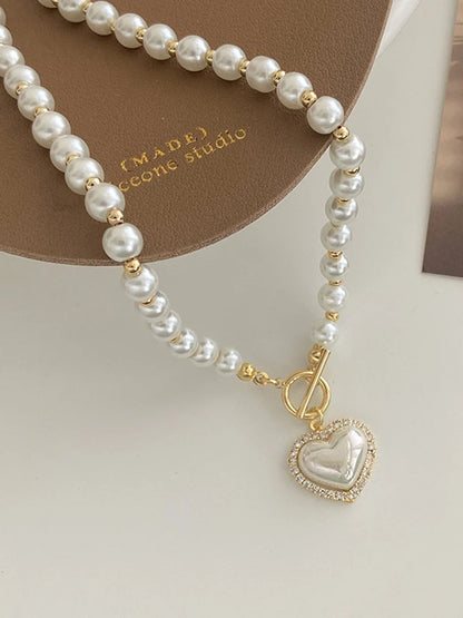 Elegant Pearl Necklace for Women – Heart Pendant Luxury Imitation Pearls Chain, Korean Jewelry Gift for Girls