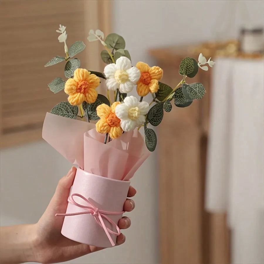 Handmade Crochet Wool Flower Bouquet – Artificial Yarn Flowers for Home Decor & Valentine’s Day Gift