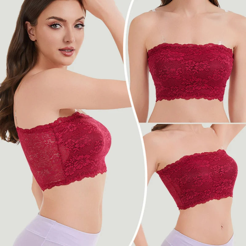Plus-Size Women Floral Lace Strapless Bra with Elastic Chest Strap, Summer Invisible Shoulder Strap Wrap Tube Top
