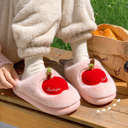 TZLDN Cartoon Plush Slippers – 3D Apple Faux Fur Indoor Slippers for Couples, Warm Winter Cotton Shoes for Women & Men
