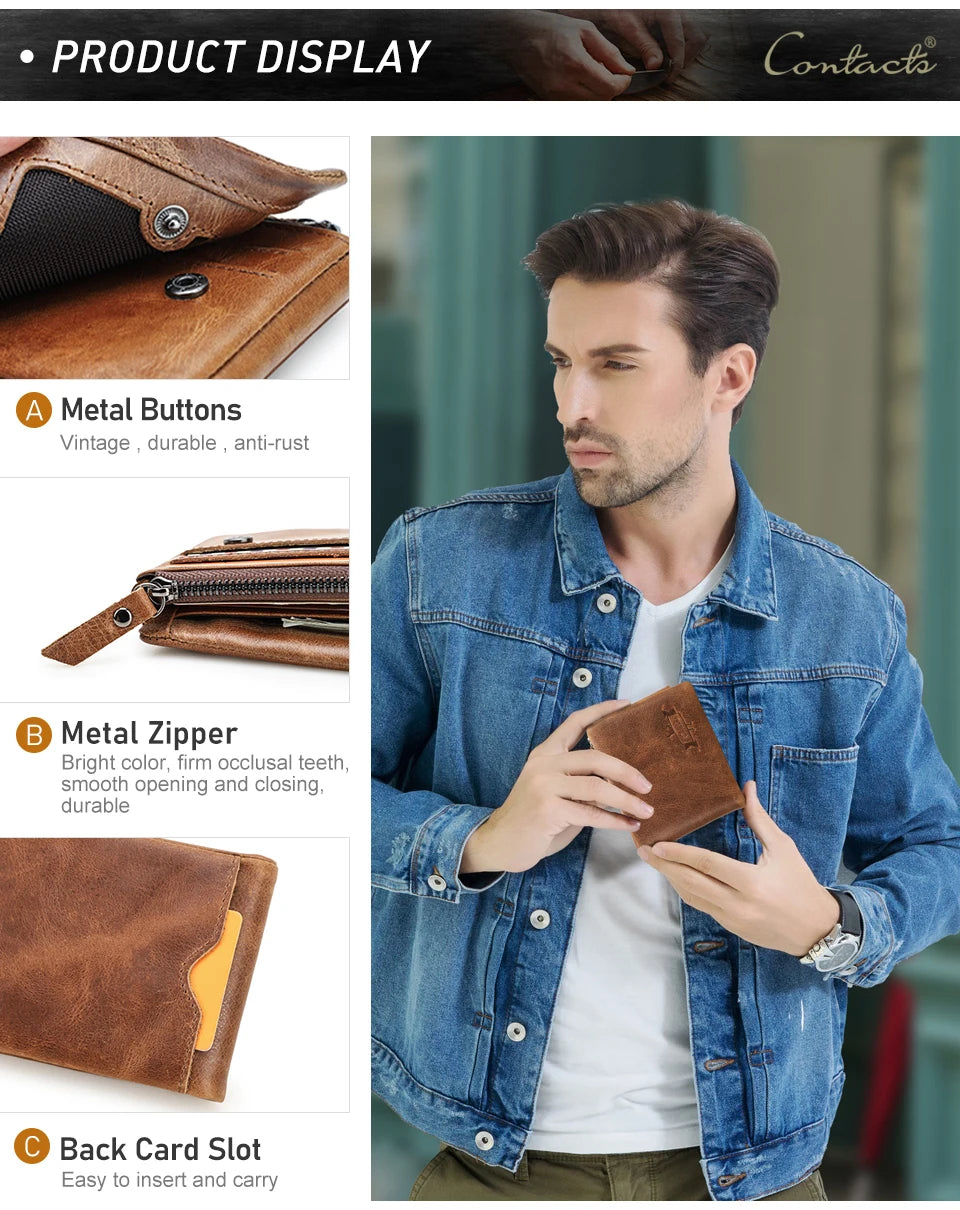 CONTACT'S Genuine Crazy Horse Leather Trifold Wallet – Vintage Men's Cowhide Wallet with Zip Coin Pocket