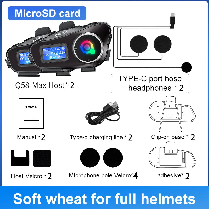 Q58 Max Motorcycle Helmet Intercom Headset – Waterproof 300M Bluetooth Wireless Intercom for 2 Riders with Music Sharing & Flashlight