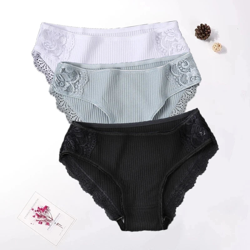 Floral Lace Cotton Women’s Panties - Comfortable Briefs, Solid Color Underwear, 3PCS/Set, Sizes M-XXL