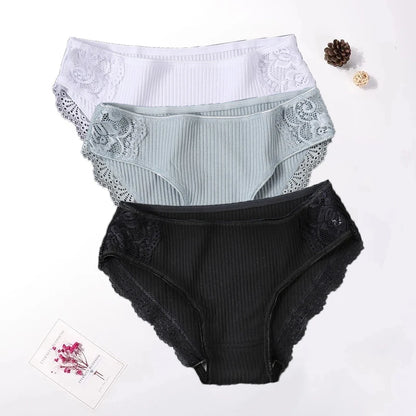 Floral Lace Cotton Women’s Panties - Comfortable Briefs, Solid Color Underwear, 3PCS/Set, Sizes M-XXL