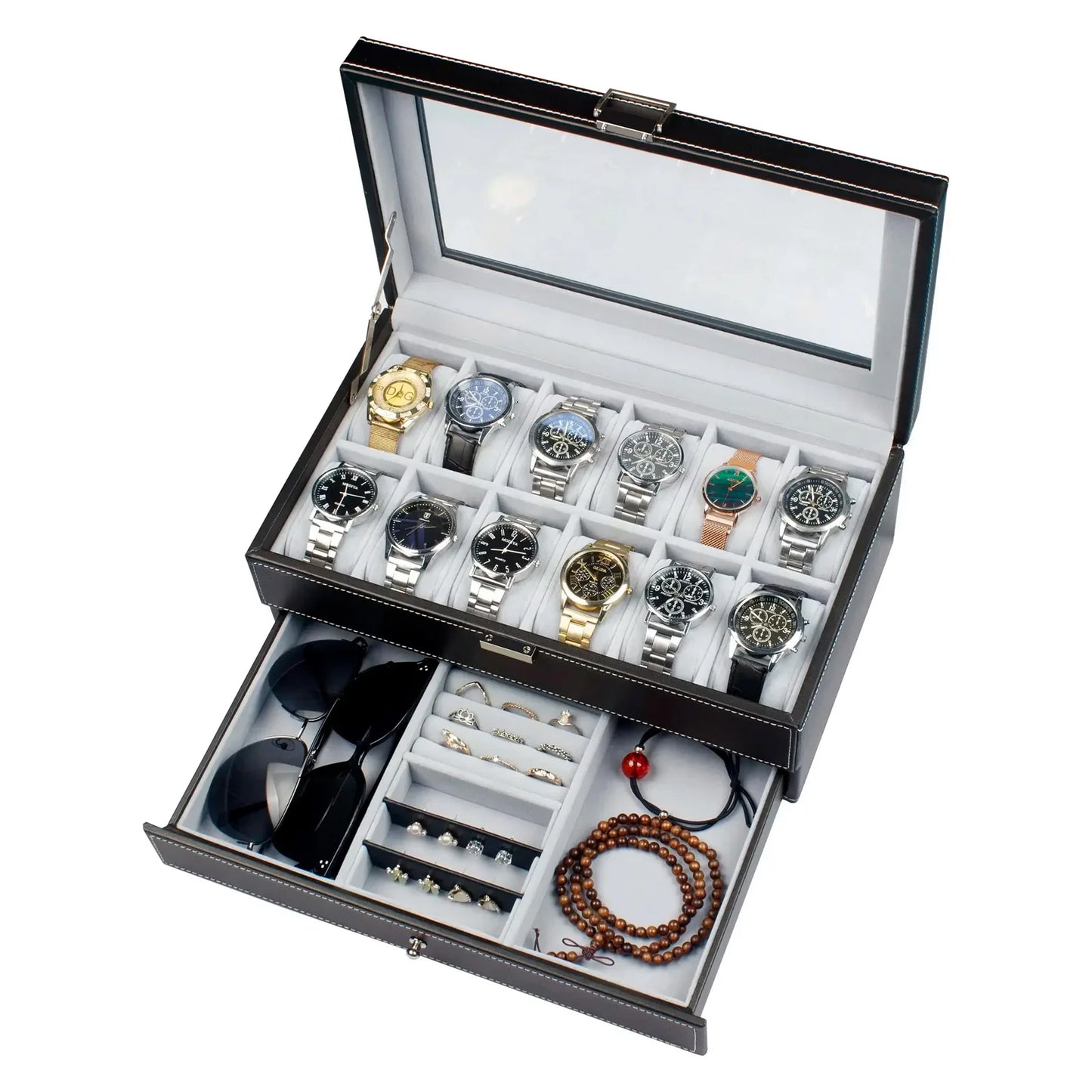 2024 12-Slot Leather Watch Storage Box — Lockable 2-Tier Organizer & Jewelry Display Drawer for Men & Women