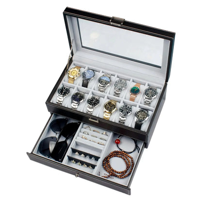 2024 12-Slot Leather Watch Storage Box — Lockable 2-Tier Organizer & Jewelry Display Drawer for Men & Women