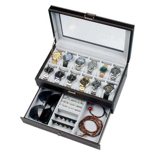 2024 12-Slot Leather Watch Storage Box — Lockable 2-Tier Organizer & Jewelry Display Drawer for Men & Women