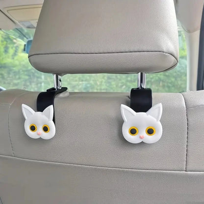 3D Cartoon Cat Car Headrest Hooks - 2-Piece Universal Vehicle Organizer for Bags, Purses & Coats