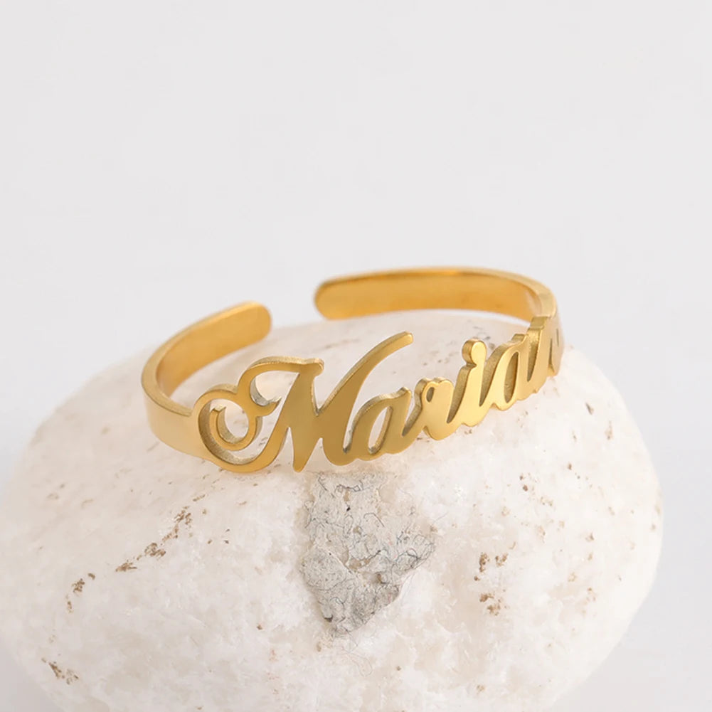 Custom Fishhook Double Name Finger Ring - Personalized Family & Couple Love Gift for Women & Men, Gold Stainless Steel Jewelry