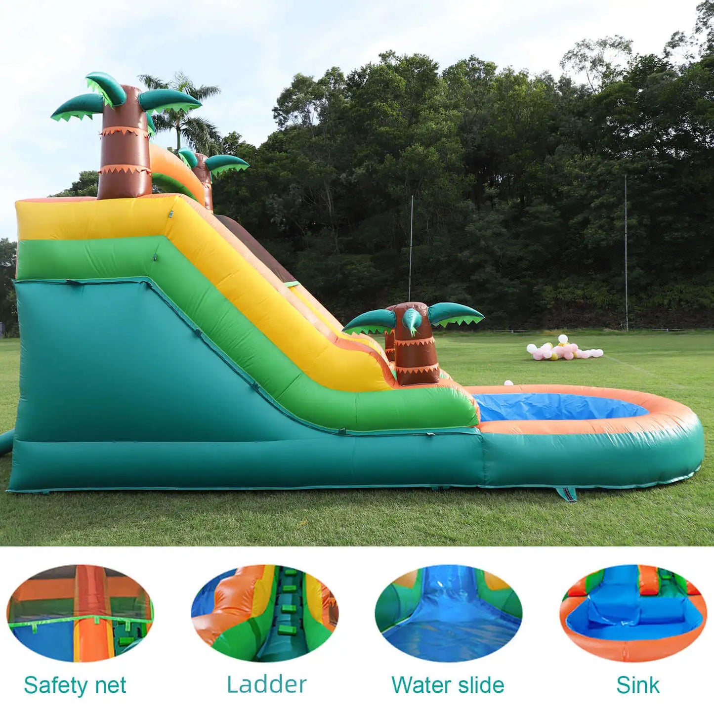 Inflatable Summer Water Pool & Double Slide Play Equipment – Outdoor Air Bounce Water Amusement Inflatable Bubble Ball Fun for Kids & Family
