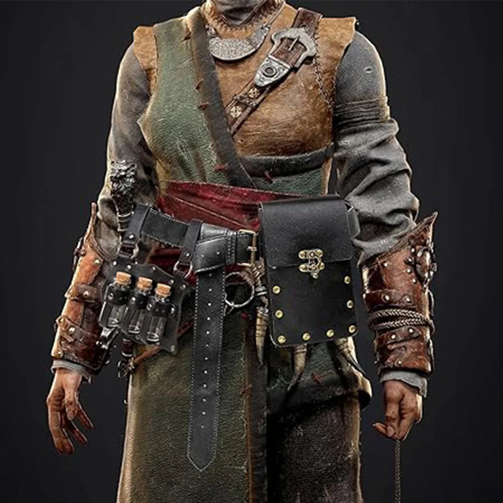 Renaissance Leather Belt Pouch Set – 3 Potion Bottles Holder for Medieval Festival, Halloween Costume