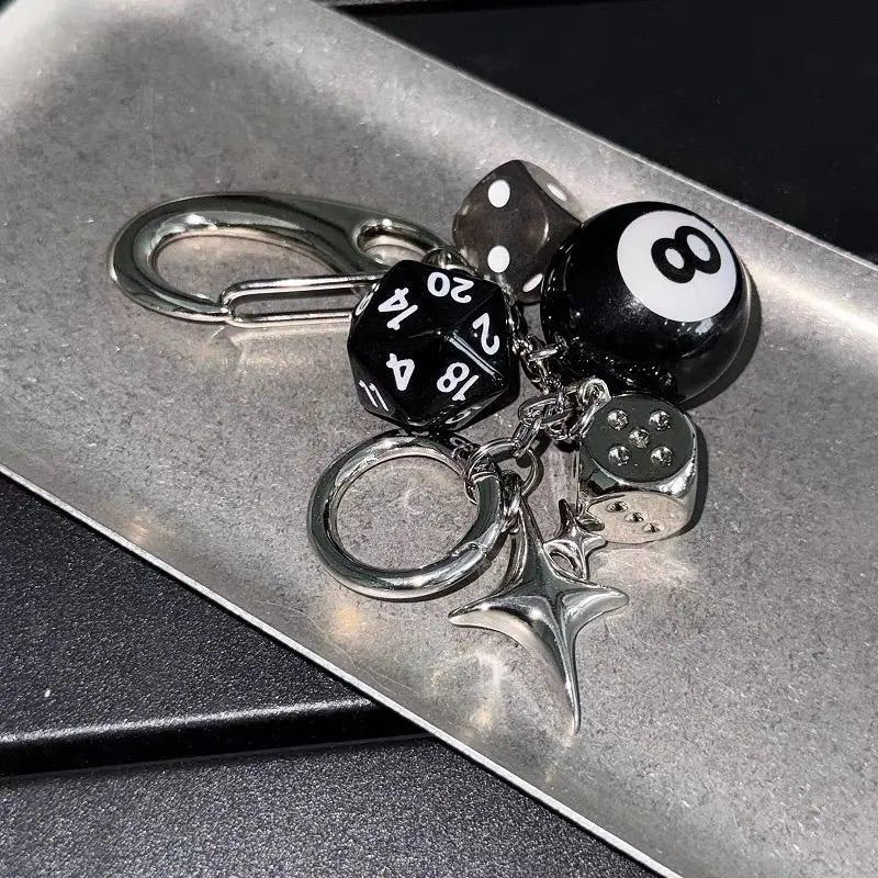 Hip-Hop Black Dice Keychain – Y2K Pink Lucky Dice & Starburst Pendant Bag Charm Punk Accessory