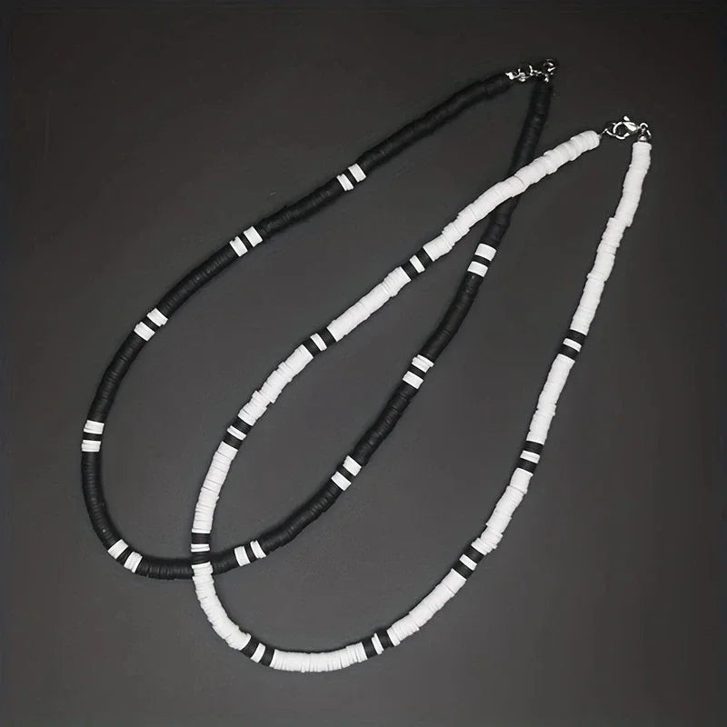 Bohemian White & Black Polymer Beads Necklace – Unisex Collar for Men and Women