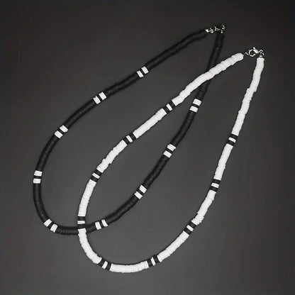 Bohemian White & Black Polymer Beads Necklace – Unisex Collar for Men and Women