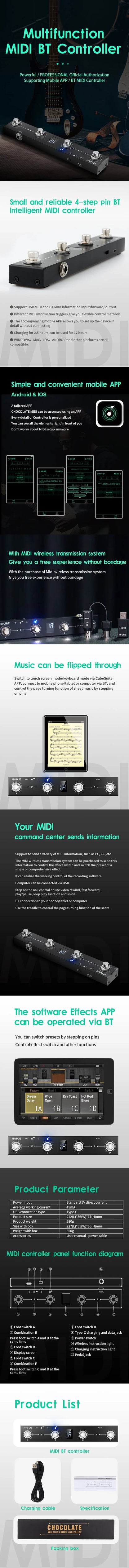 M-VAVE Chocolate MIDI Controller Pedal – Bluetooth Rechargeable, 4 Buttons with APP Control & Wireless Transmission