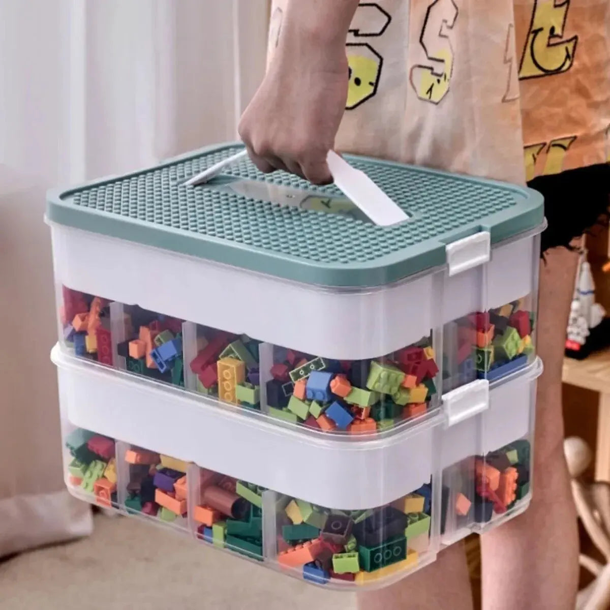 Stackable Kids Building Blocks Storage Box with Handle – Adjustable Organizer for Toys, Cosmetics & Sundries