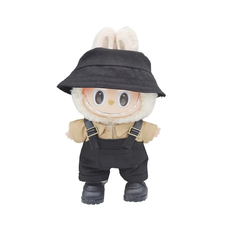17cm Labubu V1/V2 Mini Doll Outfit – Striped Overalls, Hat, Glasses & Shoes Accessories Gift Set