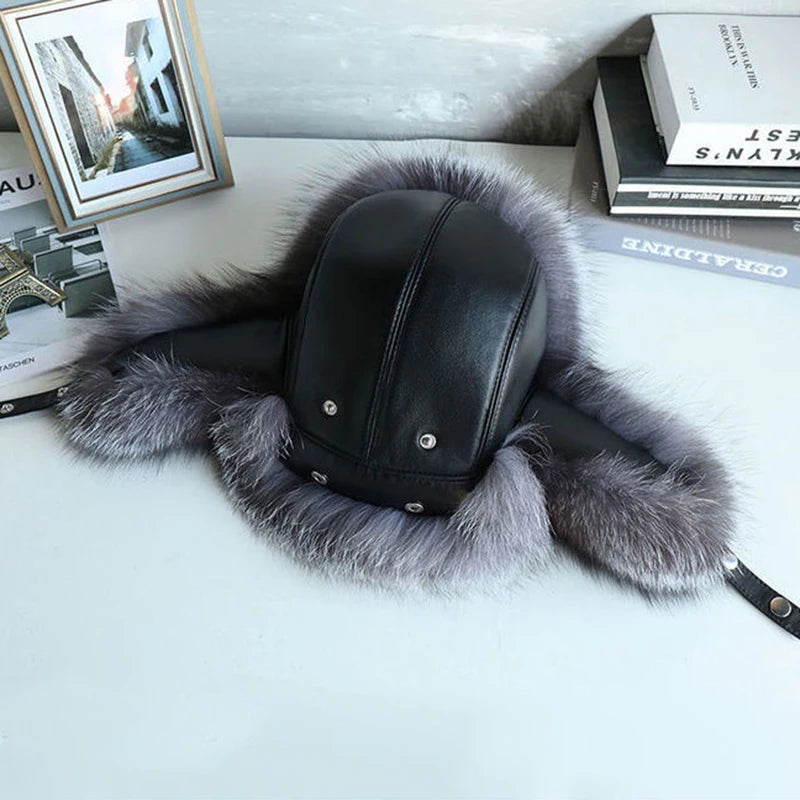 Natural Raccoon & Fox Fur Russian Ushanka Hat – Women’s Black Winter Bomber Cap with Ear Flaps