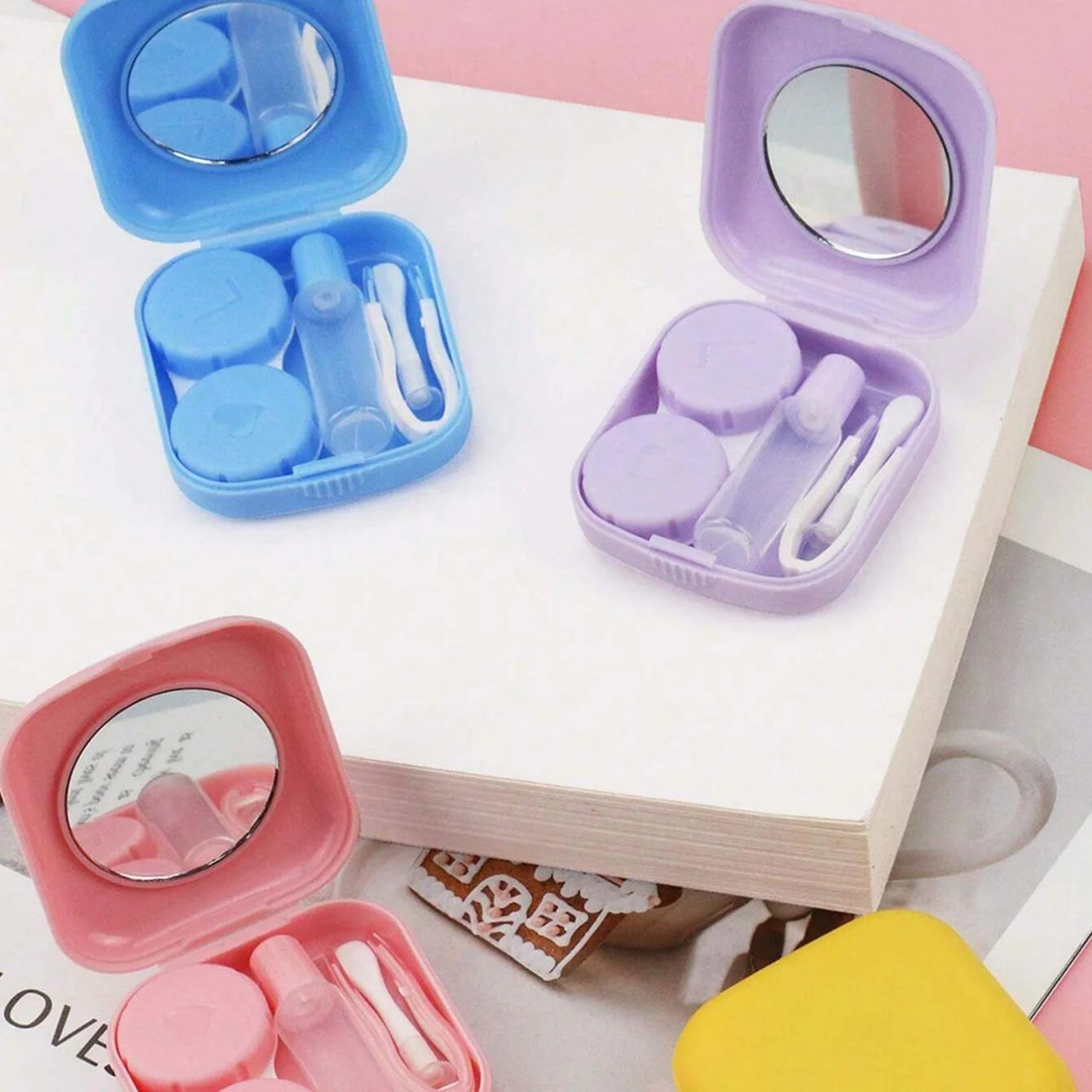 Mini Portable Contact Lens Case Kit – Solid Color Storage Box with Tweezer & Suction Stick Travel Holder
