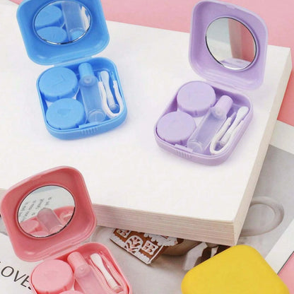 Mini Portable Contact Lens Case Kit – Solid Color Storage Box with Tweezer & Suction Stick Travel Holder
