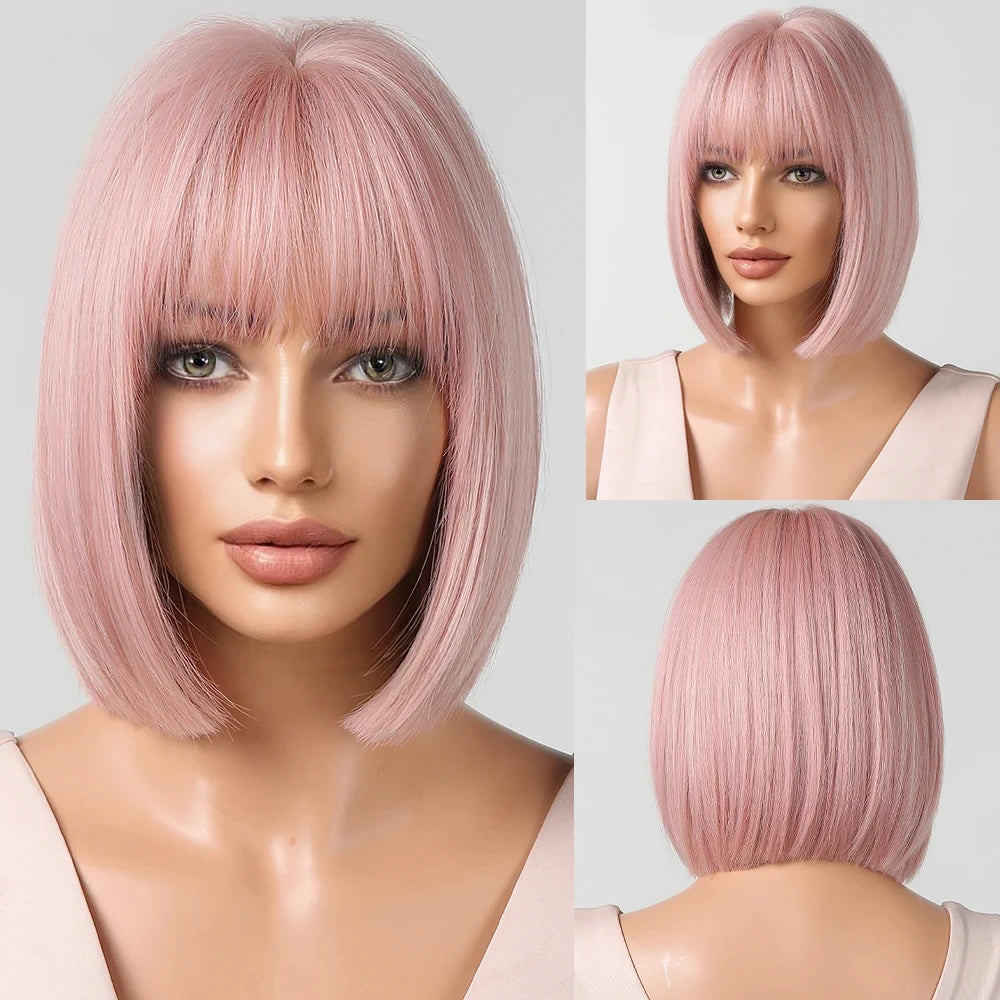 CharmSource Pink BOBO Short Synthetic Wig – Natural Wavy Heat Resistant Hair Wig for Women, Party & Daily Wear