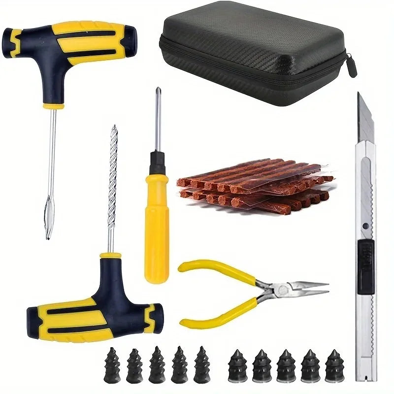 Motorcycle and Car Tire Repair Kit – Puncture Plug Tools, Tire Strips, and Emergency Flat Tire Repair Accessories