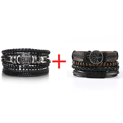 4Pcs Men's Braided Leather Bracelets Set – Vintage Life Tree & Rudder Charms, Wood Beads, Ethnic Tribal Wristbands