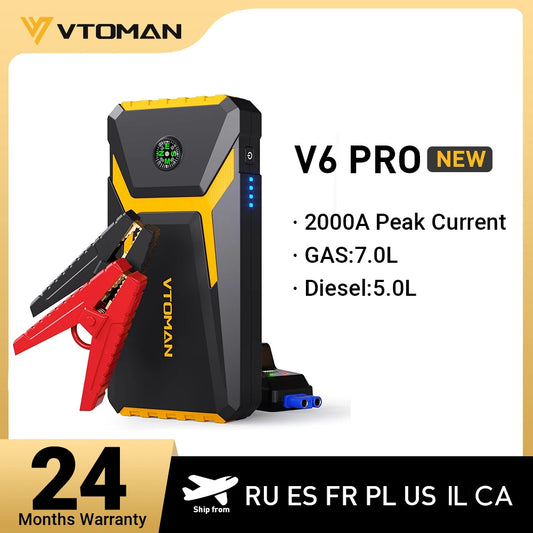 VTOMAN V6 Pro Car Jump Starter - 2000A Portable Power Bank Battery Charger Emergency Vehicle Booster Starting Device