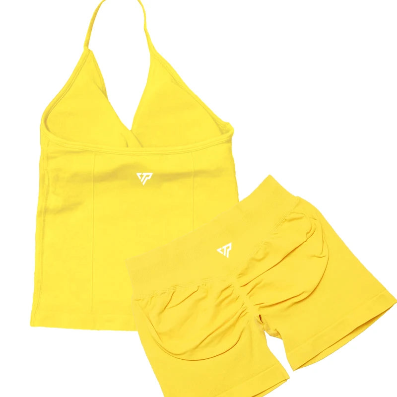 Women’s 2-Piece Yoga Set – Seamless Gym Outfit with Shorts & Lace-Up Sports Bra, High Quality Fitness Activewear Set