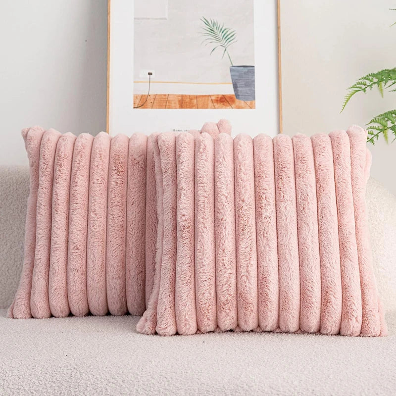 Faux Rabbit Fur Square Cushion Cover – Thick Striped Super Soft Solid Color Pillow, 45x45cm Sofa Decor