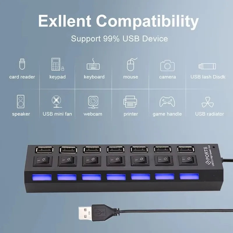 7-Port USB 2.0 Switch Extension Hub — One-to-Seven USB Splitter for PC, Laptop & Desktop