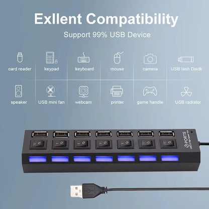 7-Port USB 2.0 Switch Extension Hub — One-to-Seven USB Splitter for PC, Laptop & Desktop