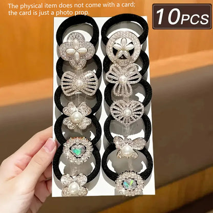 Rhinestone Hair Bands - 10-Piece Set of Elegant Embellished Elastic Hair Ties