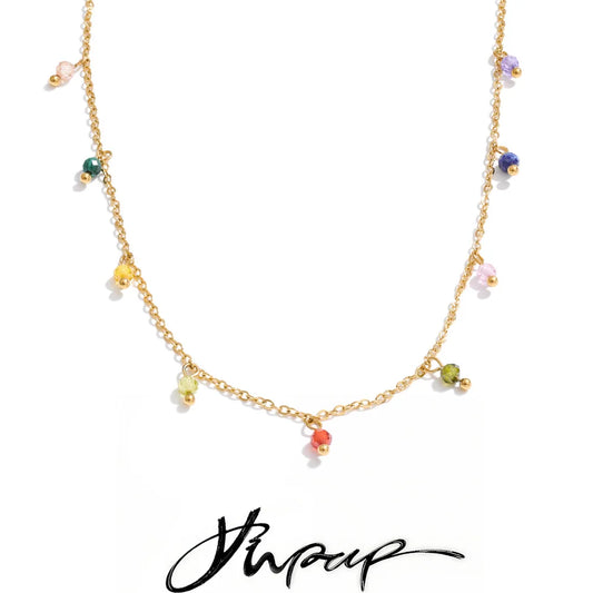 YHPUP Colorful Zirconia Drop Necklace - Stainless Steel Waterproof Y2K Collar Chain Jewelry with PVD Finish