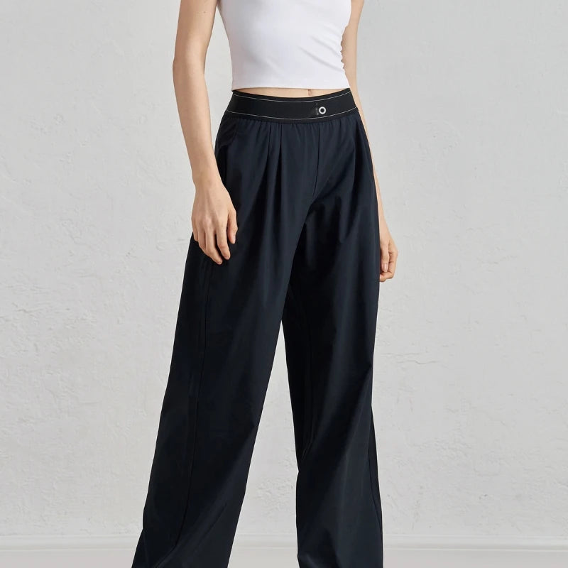 Women’s Summer Sports Yoga Pants – Wide Leg, Elastic Waist, Quick-Dry Black Fitness Trousers