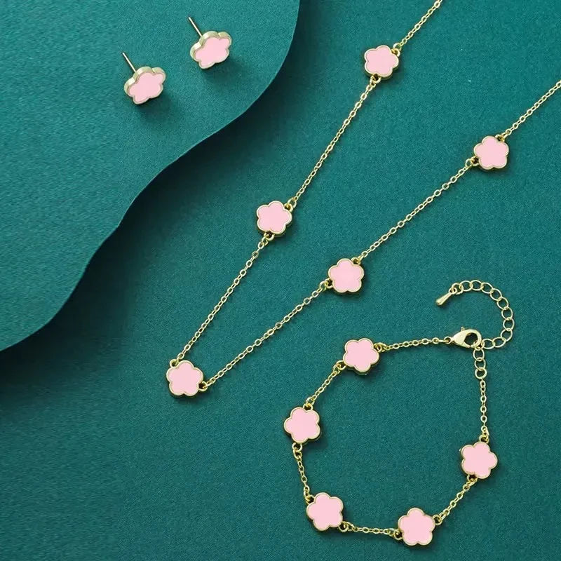 Lucky Five-Petal Flower & Clover Bracelet, Earrings, Necklace Set – Stylish Women's Party Jewelry Accessories
