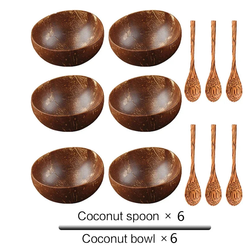 Natural Coconut Bowl with Wooden Spoon – 12–15cm Handmade Tableware for Salad, Dessert, Rice & Ramen