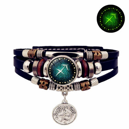 Starry Sky Zodiac Luminous Leather Bracelet - Multi-Layered Beaded Snap Closure for Men & Women, Friendship Bracelet