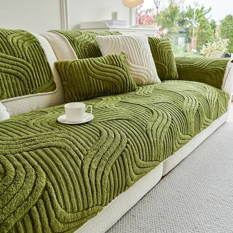 Wave Striped Plush Sofa Cover – Thick Non-Slip Couch Slipcover & Sofa Mat for Living Room, Solid Color Protective Towel
