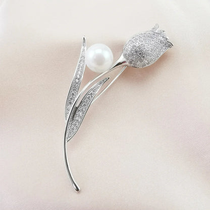 Luxury Tulip Flower Brooch Pin with White Stone – Elegant Rose Floral Jewelry for Women (2023 Design)