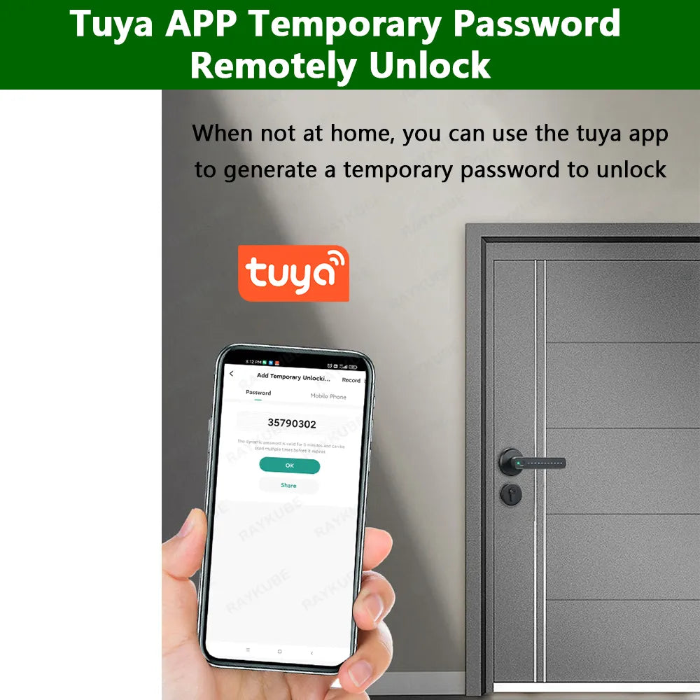 RAYKUBE M3 Tuya BLE Smart Fingerprint Door Lock - Electronic Digital Lock with 60/70mm Latch, Keys, and Remote App Unlocking