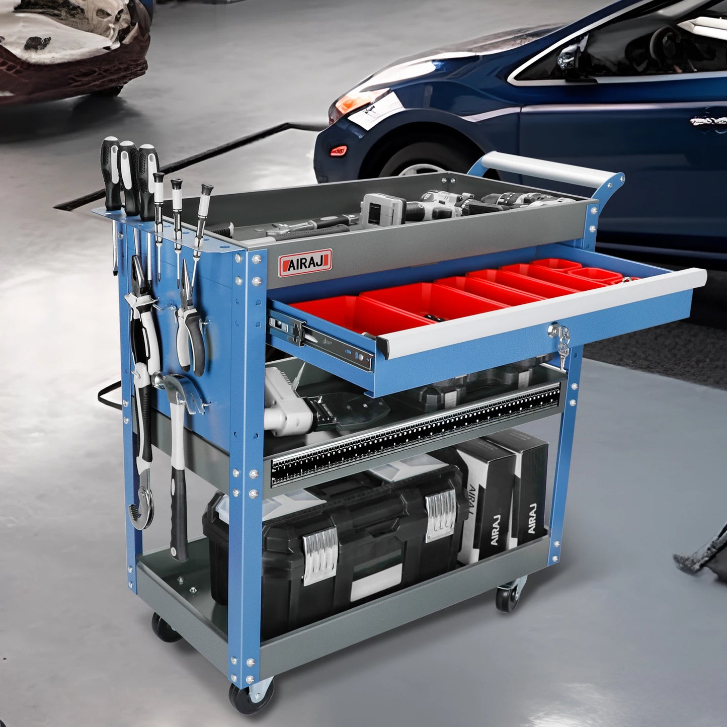 AIRAJ 3-Tier Rolling Tool Cart — Heavy-Duty Metal Mechanic Utility Cart with Drawers, Wheels & Pegboard