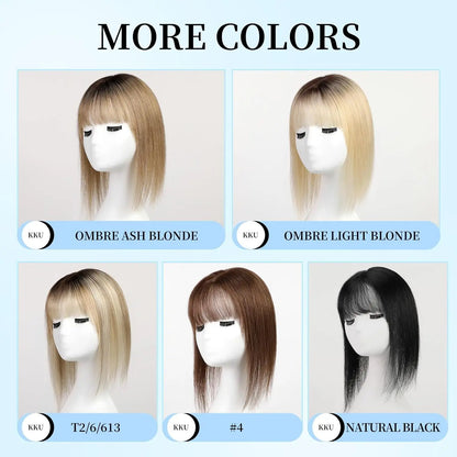 12 Inch Real Human Hair Topper with Bangs – Ombre Light Brown Silk Lace Base, 3-Clip Hair Extension for Women