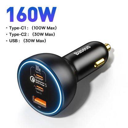 Baseus 160W Car Charger – QC 5.0 Fast Charging PPS PD 3.0 USB-C Multi-Port Car Charger for iPhone 15/14/13 Pro, Laptops & Tablets Quick Charge Adapter