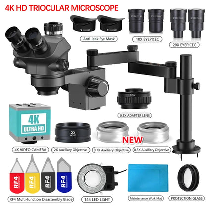 3.5-200X Simul-Focal Stereo Trinocular Microscope Set – 4K/2K/1080P HDMI VGA USB Camera, Clamp & Folding Extension Base
